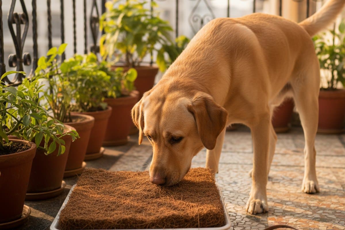 Labrador sniffing SniffSociety coir pad on Mumbai balcony