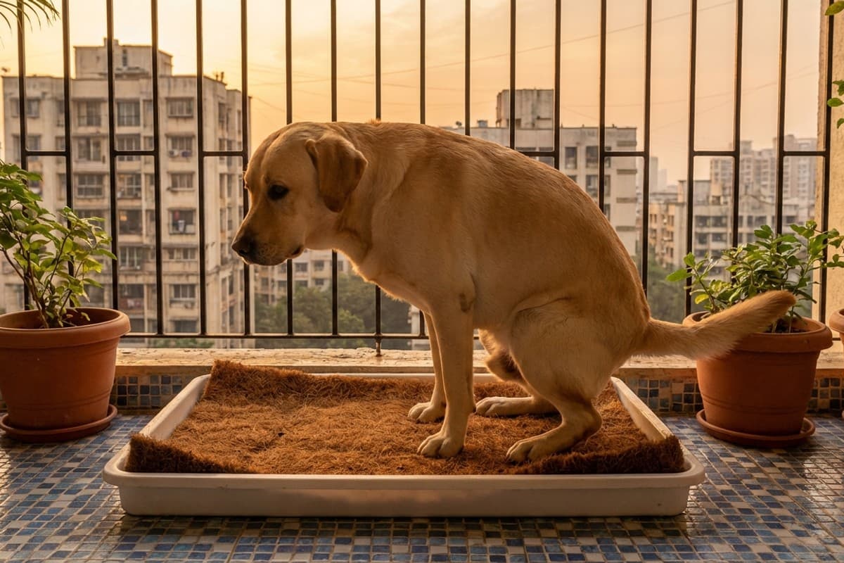 Labrador using SniffSociety coir pad on Mumbai balcony