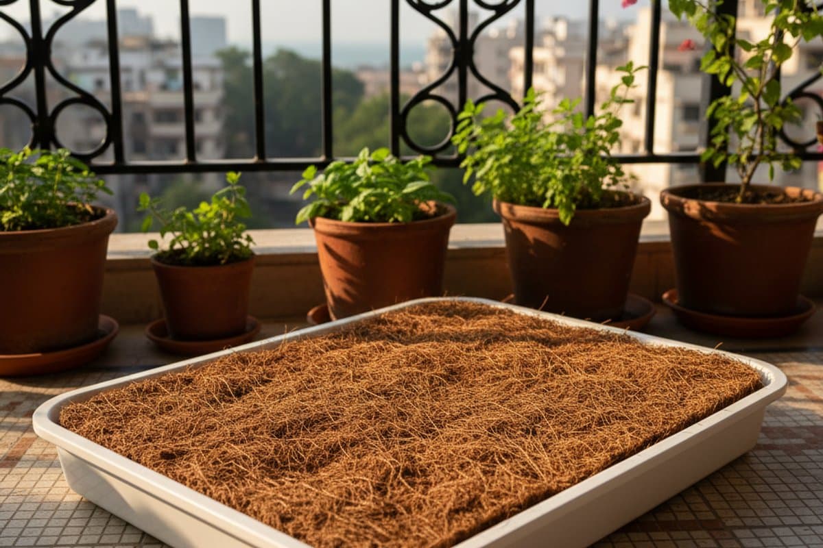 SniffSociety coir pad in tray on balcony